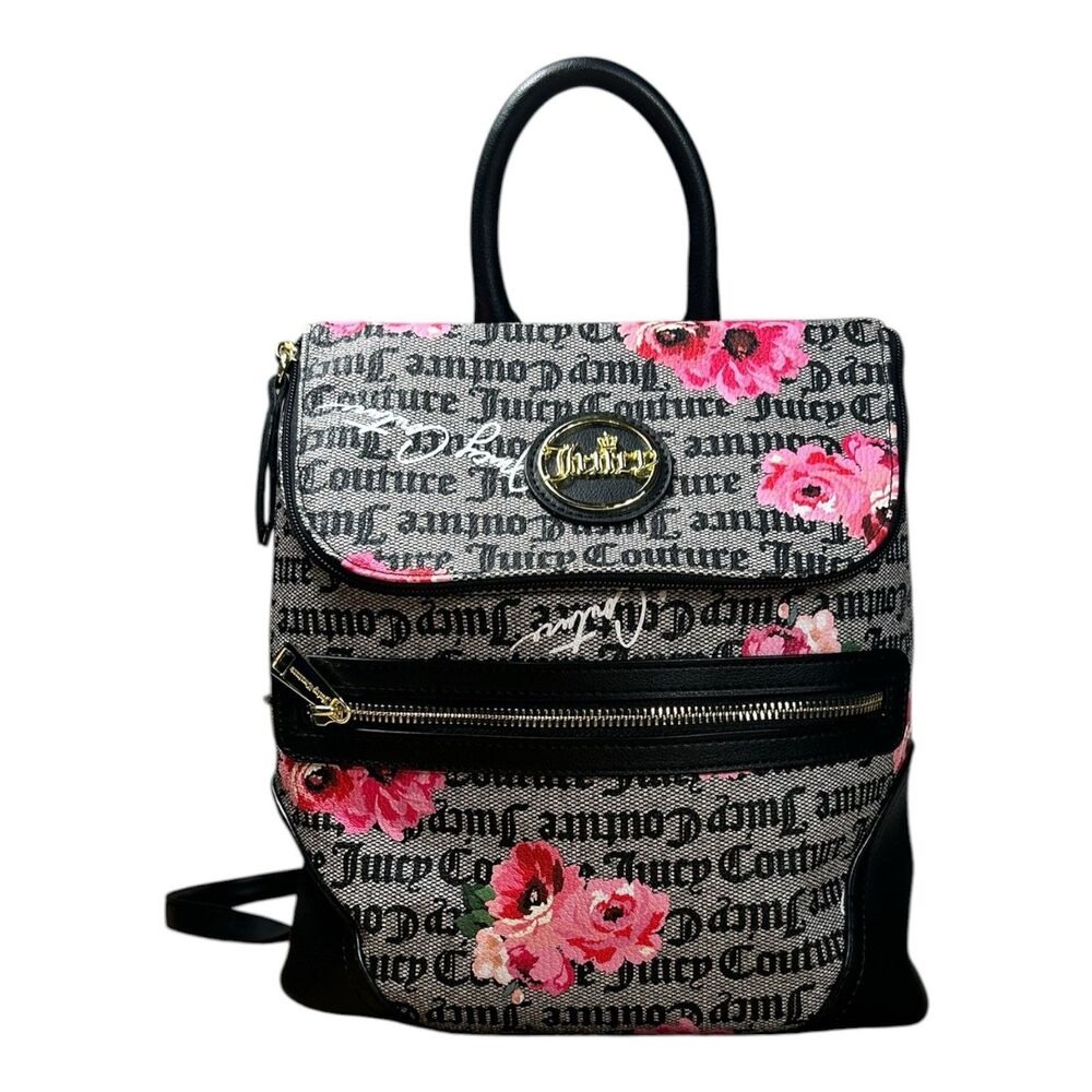 Juicy Couture Floral Logo Backpack Black Pink EUC 11.5" Convertible Tote